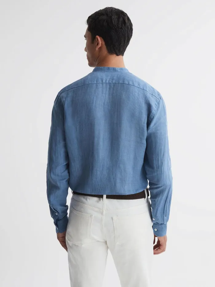 Men Reiss Shirts Ocean Linen Grandad Collar Shirt Airforce Blue