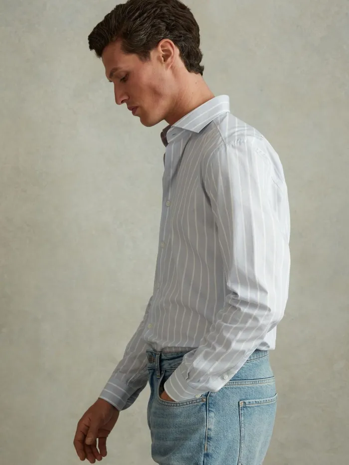 Men Reiss Shirts Omar Cotton Striped Cutaway Collar Shirt Bluewhite