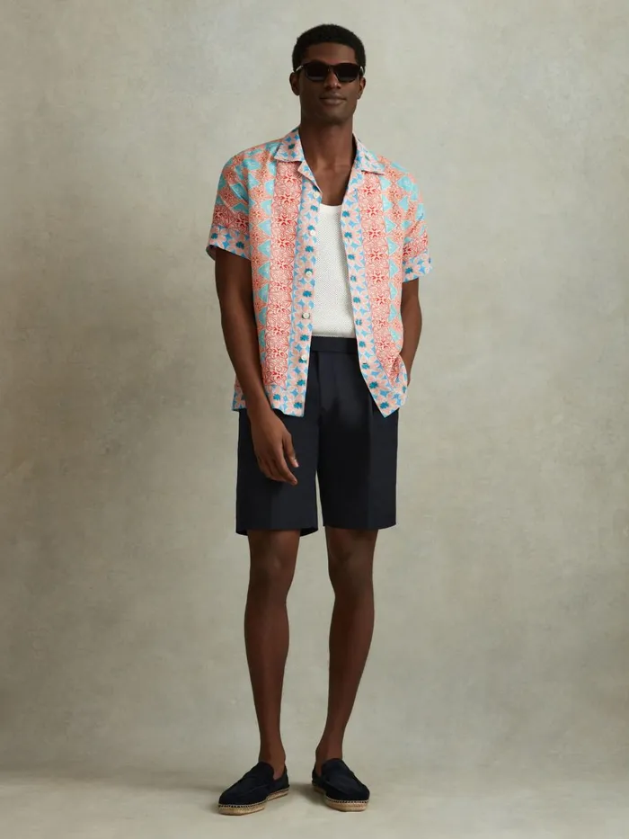 Men Reiss Shirts Pantain Linen Printed Cuban Collar Shirt Orange Multi