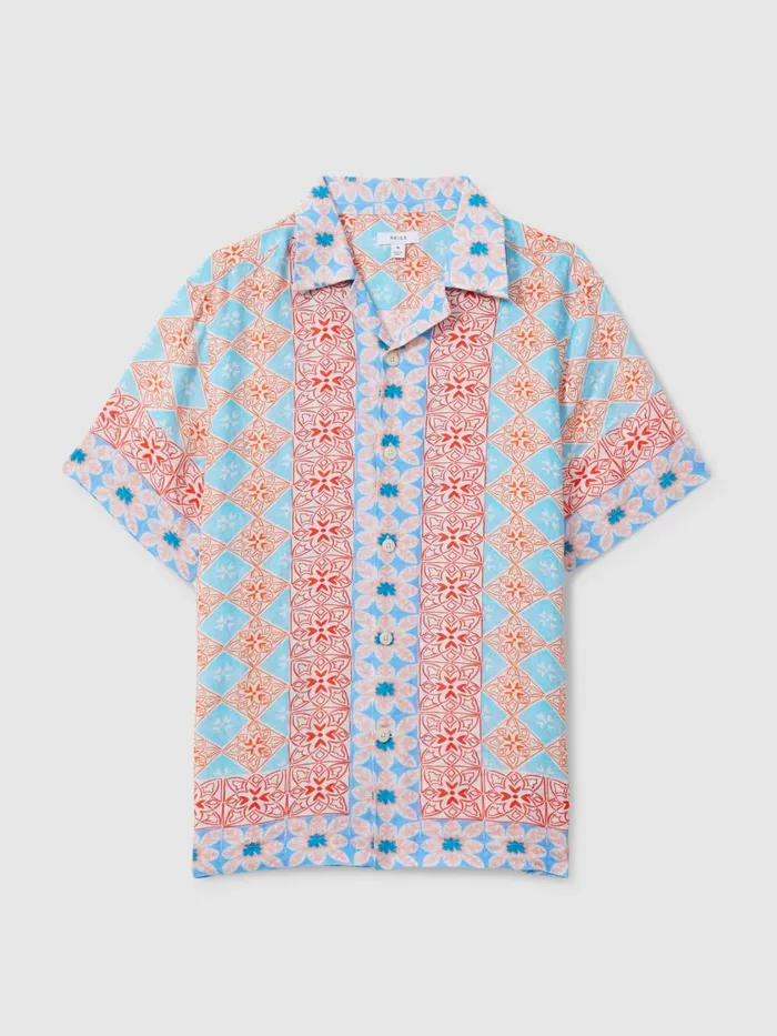 Men Reiss Shirts Pantain Linen Printed Cuban Collar Shirt Orange Multi