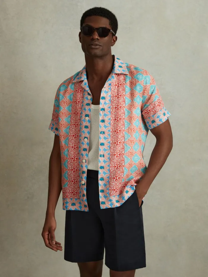 Men Reiss Shirts Pantain Linen Printed Cuban Collar Shirt Orange Multi