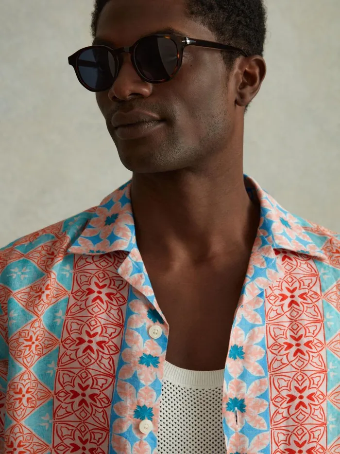 Men Reiss Shirts Pantain Linen Printed Cuban Collar Shirt Orange Multi