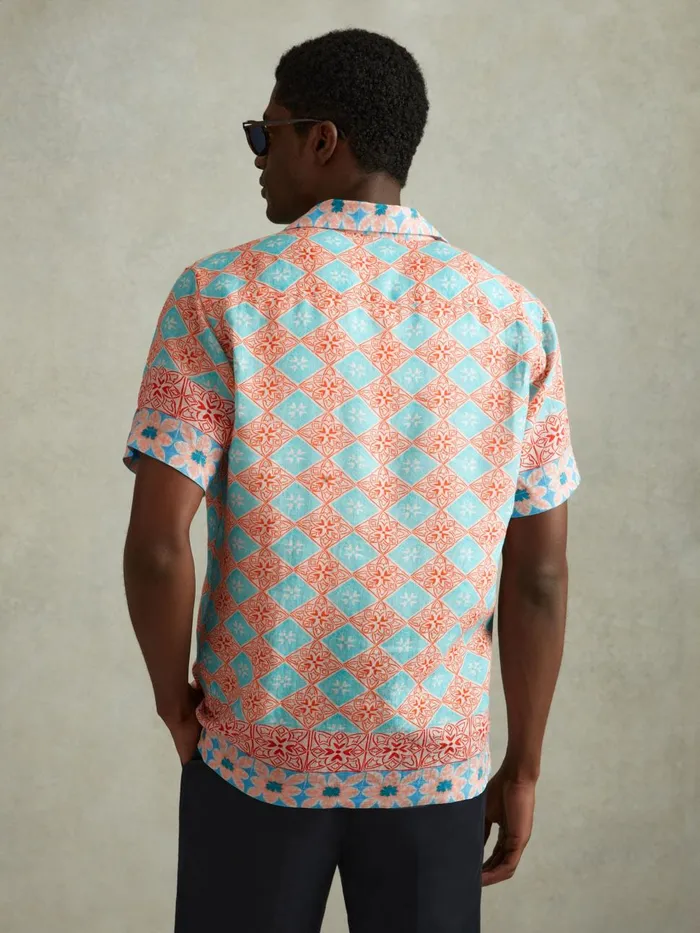 Men Reiss Shirts Pantain Linen Printed Cuban Collar Shirt Orange Multi