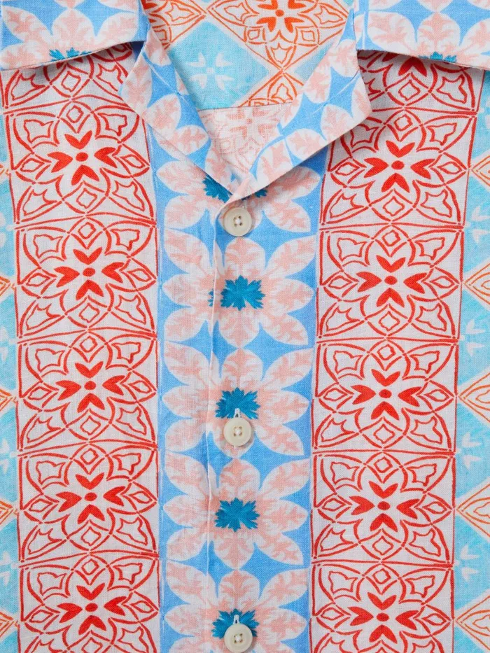 Men Reiss Shirts Pantain Linen Printed Cuban Collar Shirt Orange Multi