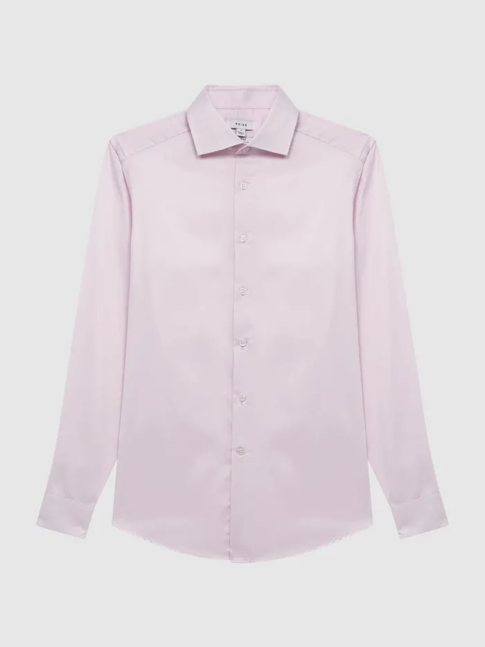 Men Reiss Shirts Remote Cotton Satin Slim Fit Shirt Pink