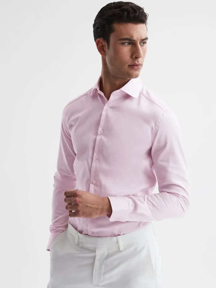 Men Reiss Shirts Remote Cotton Satin Slim Fit Shirt Pink