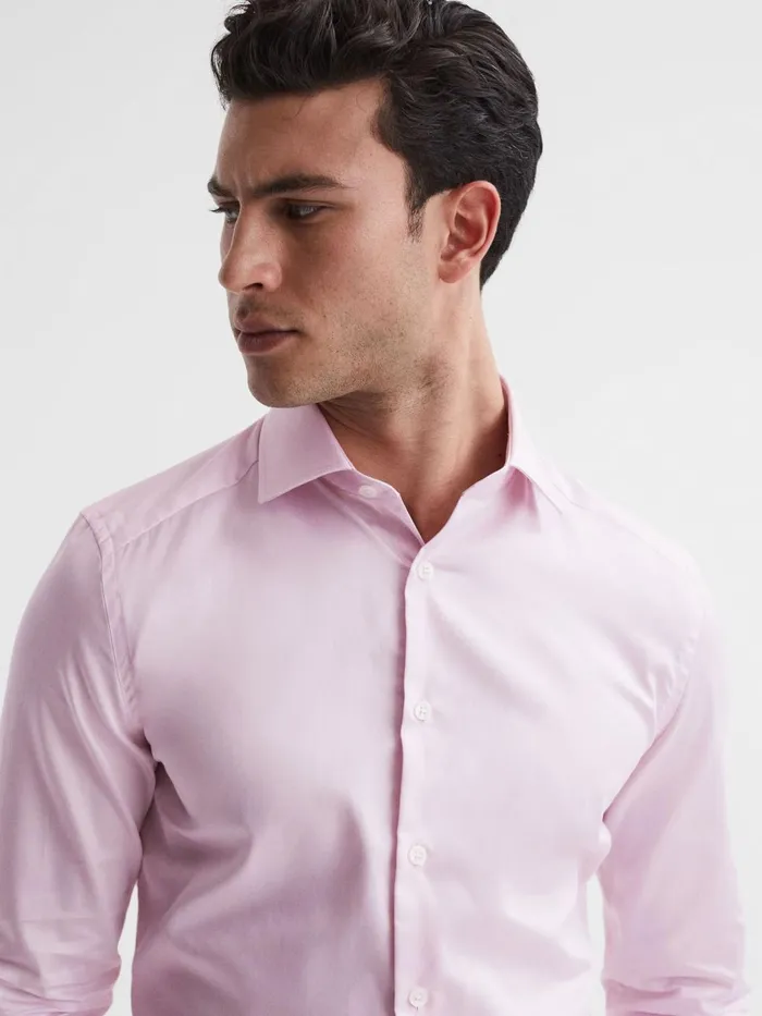 Men Reiss Shirts Remote Cotton Satin Slim Fit Shirt Pink