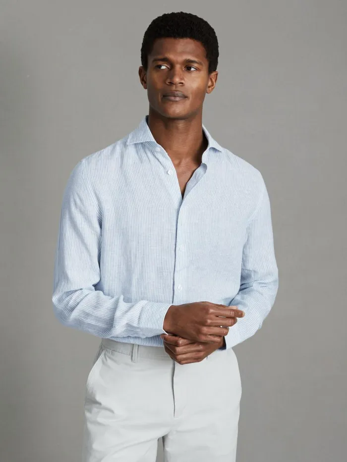 Men Reiss Shirts Ruban Linen Button Through Shirt Soft Blue Fine Stripe