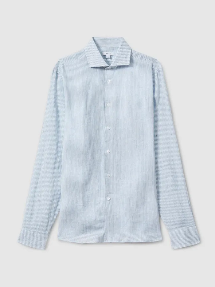 Men Reiss Shirts Ruban Linen Button Through Shirt Soft Blue Fine Stripe
