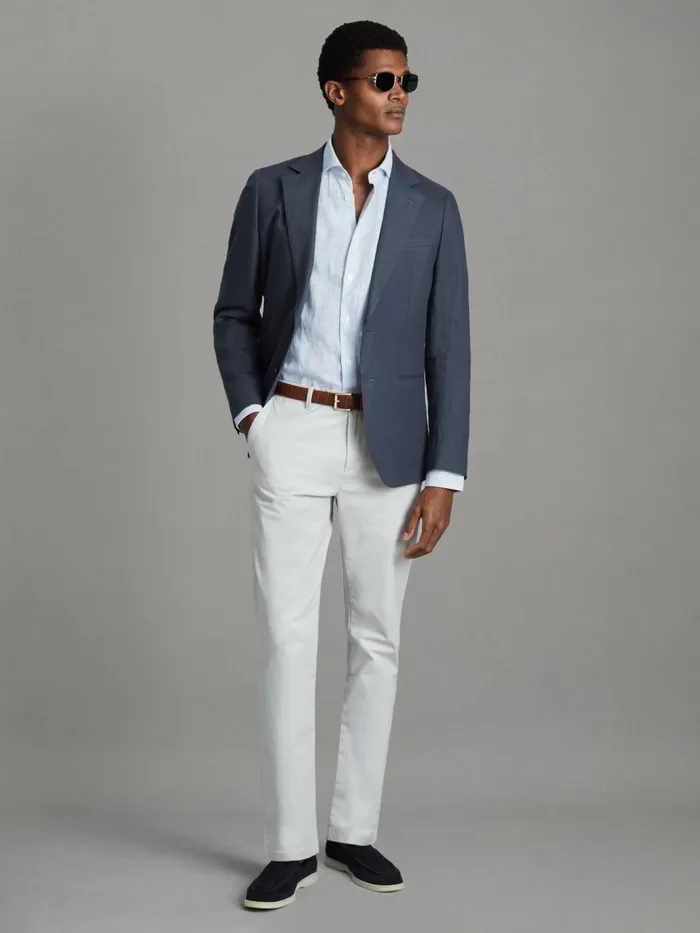 Men Reiss Shirts Ruban Linen Button Through Shirt Soft Blue Fine Stripe