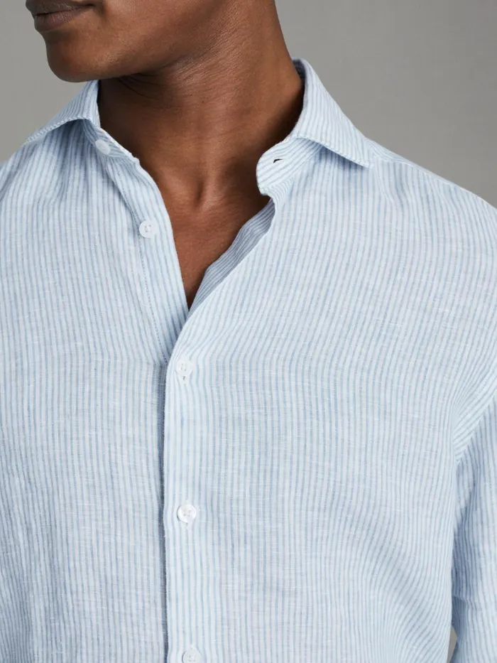 Men Reiss Shirts Ruban Linen Button Through Shirt Soft Blue Fine Stripe
