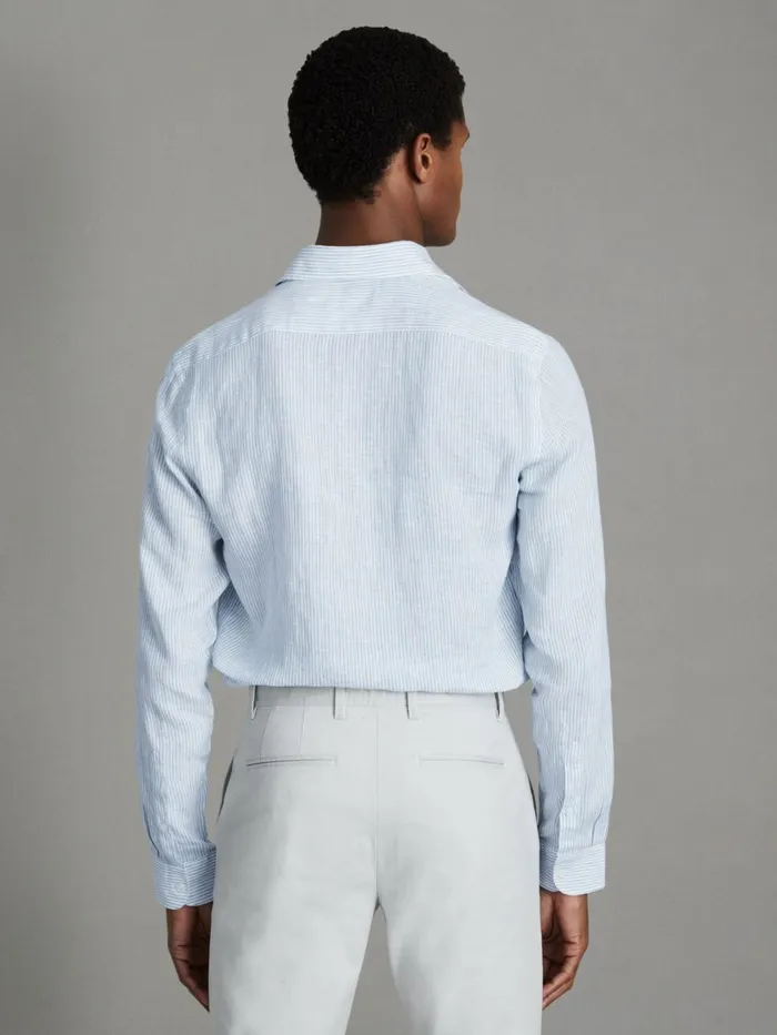 Men Reiss Shirts Ruban Linen Button Through Shirt Soft Blue Fine Stripe