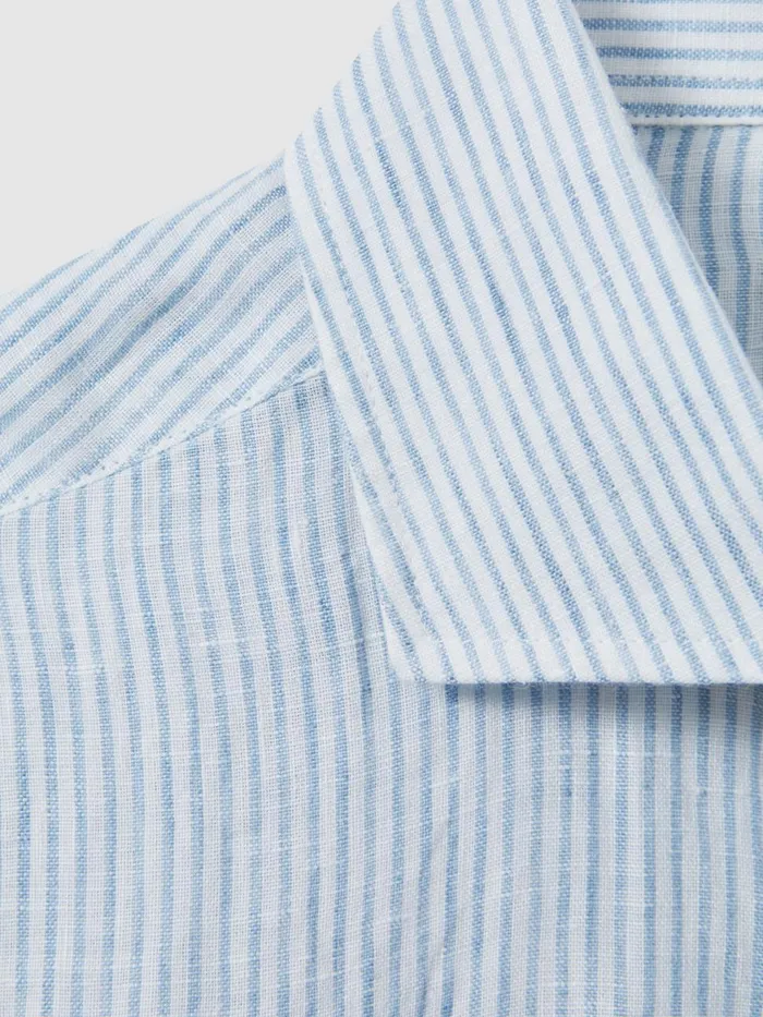 Men Reiss Shirts Ruban Linen Button Through Shirt Soft Blue Fine Stripe