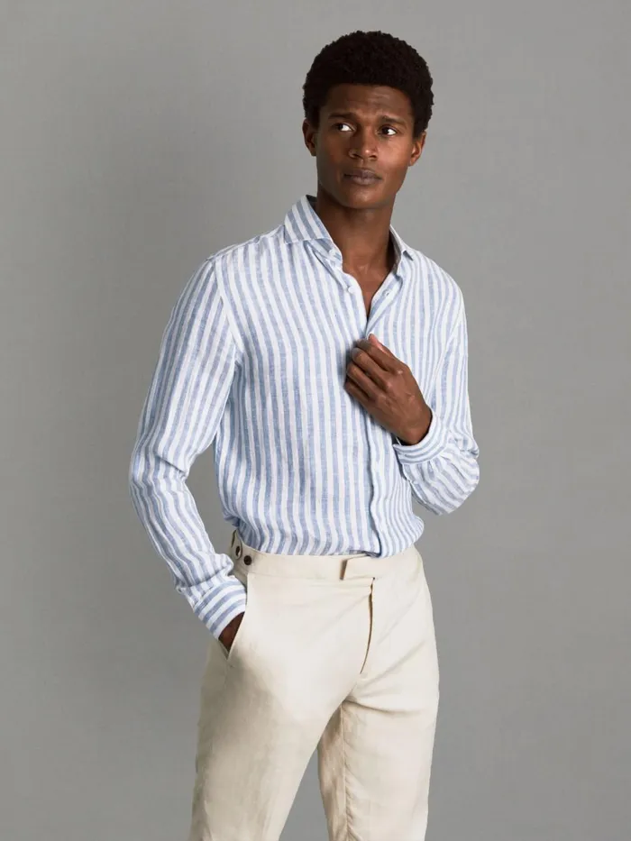 Men Reiss Shirts Ruban Linen Button Through Shirt Soft Blue Herringbone Stripe Men Reiss Shirts Ruban Linen Button Through Shirt Soft Blue Herringbone Stripe