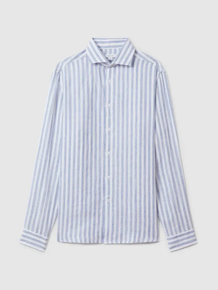 Men Reiss Shirts Ruban Linen Button Through Shirt Soft Blue Herringbone Stripe