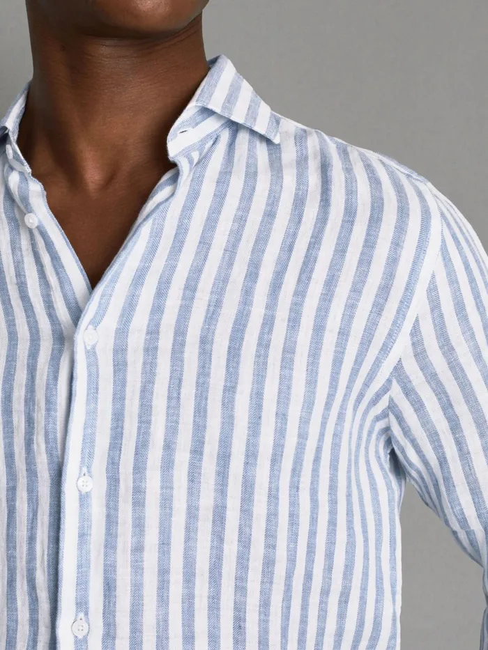 Men Reiss Shirts Ruban Linen Button Through Shirt Soft Blue Herringbone Stripe