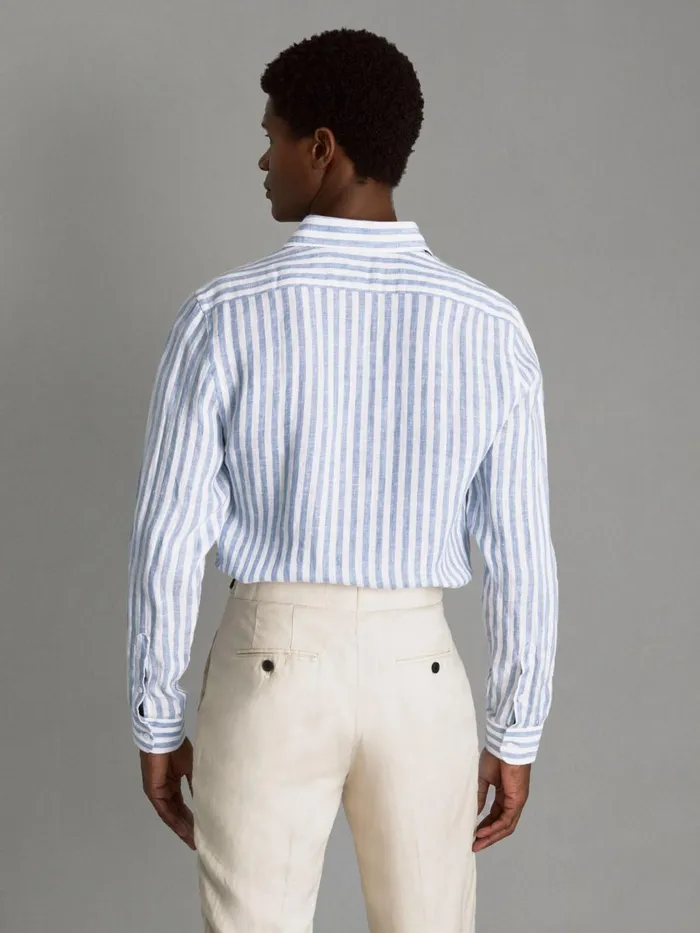 Men Reiss Shirts Ruban Linen Button Through Shirt Soft Blue Herringbone Stripe
