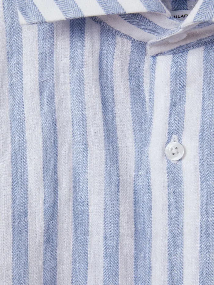 Men Reiss Shirts Ruban Linen Button Through Shirt Soft Blue Herringbone Stripe