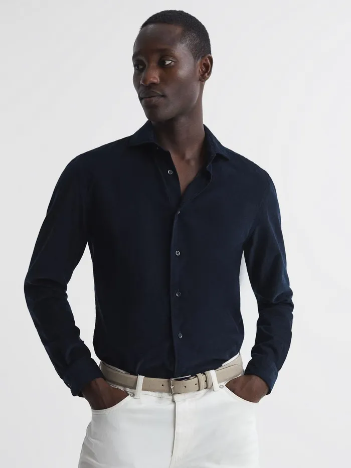 Men Reiss Shirts Vincy Corduroy Cutaway Collar Shirt Navy