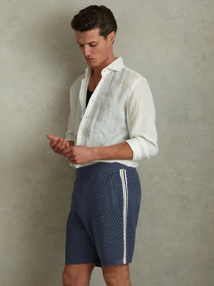 Men Reiss Shorts Creek Cotton Blend Crochet Drawstring Shorts Airforce Blue