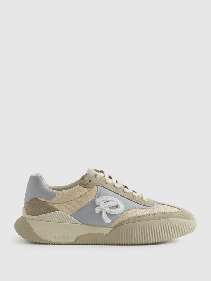 Men Reiss Sneakers Casper Leather Colourblock Running Trainers Blue