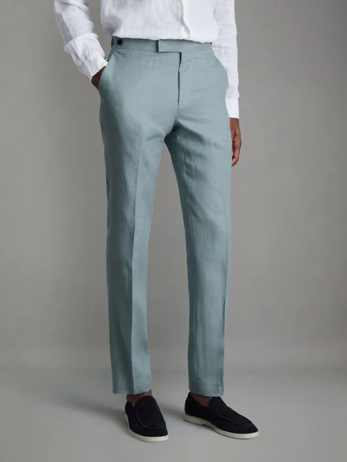 Men Reiss Suits and Tailoring Kin Slim Fit Linen Adjuster Trousers Aqua Blue