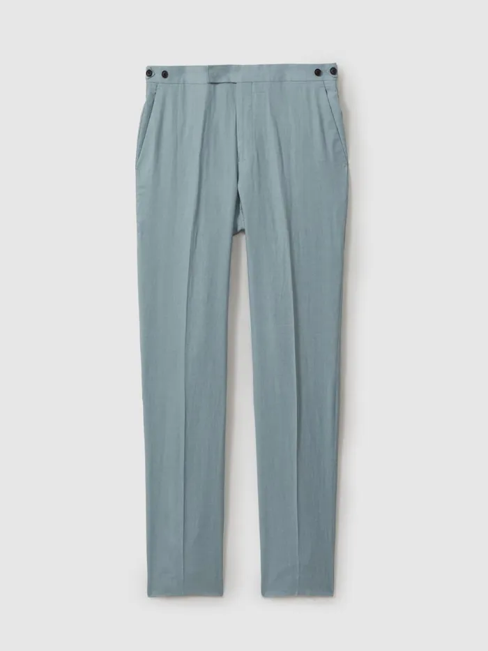 Men Reiss Suits and Tailoring Kin Slim Fit Linen Adjuster Trousers Aqua Blue