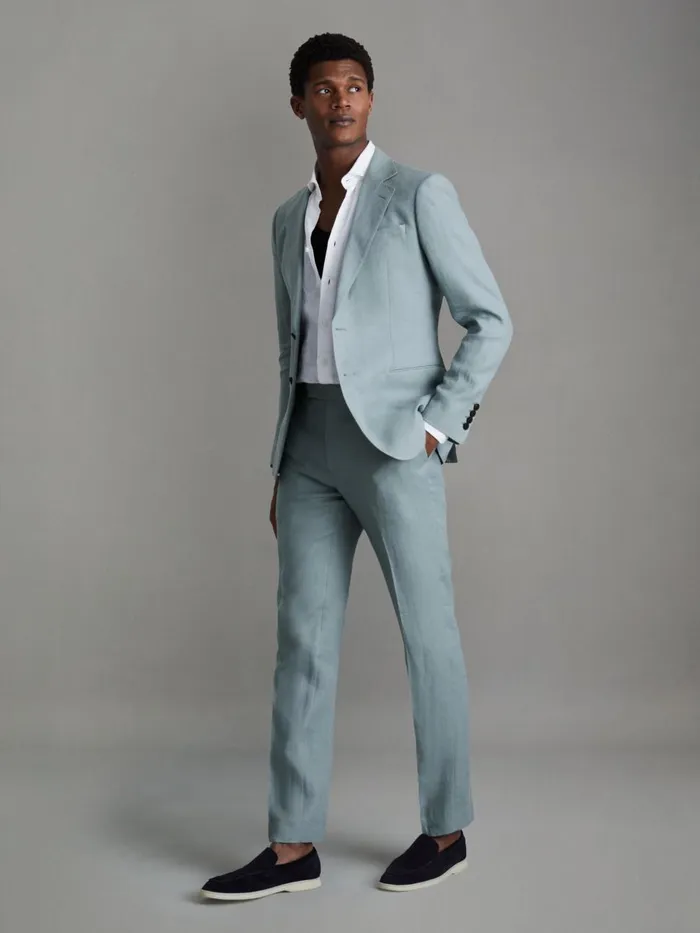 Men Reiss Suits and Tailoring Kin Slim Fit Linen Adjuster Trousers Aqua Blue