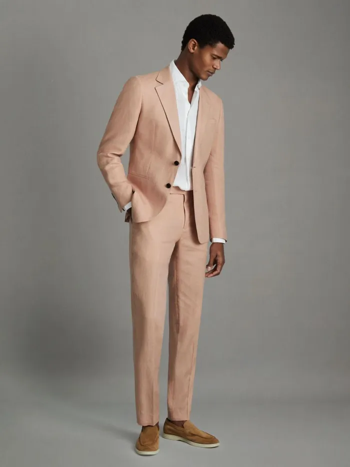 Men Reiss Suits and Tailoring Kin Slim Fit Linen Adjuster Trousers Pink
