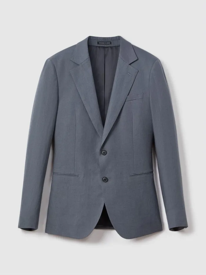 Men Reiss Suits and Tailoring Kin Slim Fit Single Breasted Linen Blazer Airforce Blue