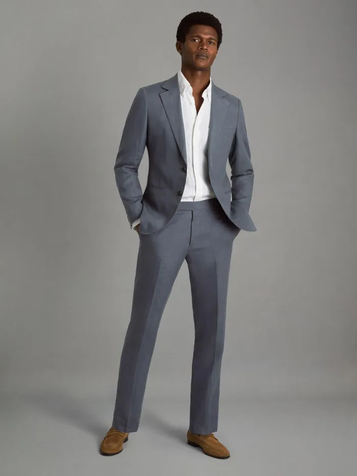 Men Reiss Suits and Tailoring Kin Slim Fit Single Breasted Linen Blazer Airforce Blue