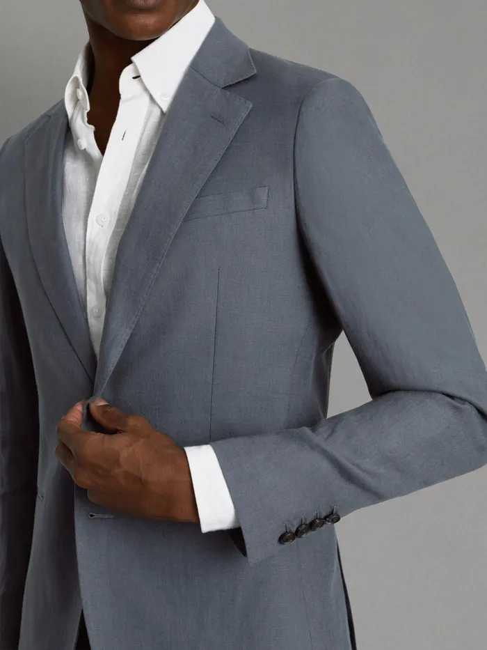 Men Reiss Suits and Tailoring Kin Slim Fit Single Breasted Linen Blazer Airforce Blue