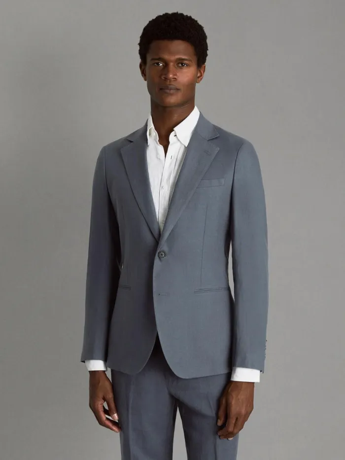 Men Reiss Suits and Tailoring Kin Slim Fit Single Breasted Linen Blazer Airforce Blue