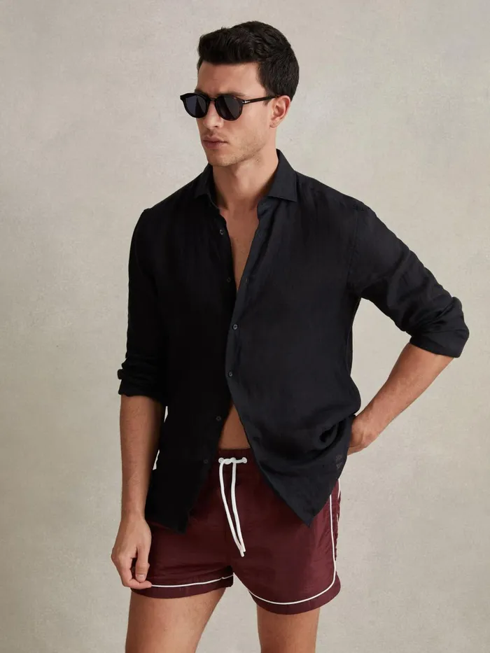 Men Reiss Swimwear Azure Piped Drawstring Swim Shorts Brick Red
