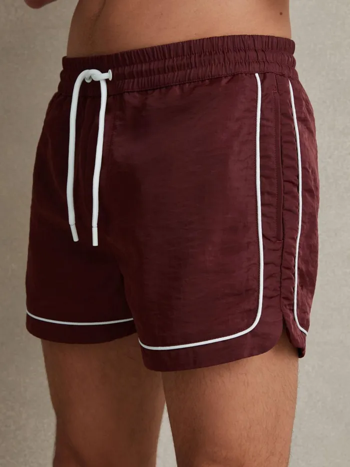 Men Reiss Swimwear Azure Piped Drawstring Swim Shorts Brick Red