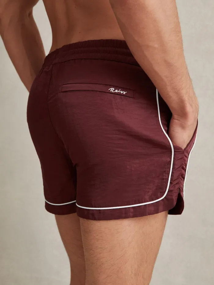 Men Reiss Swimwear Azure Piped Drawstring Swim Shorts Brick Red
