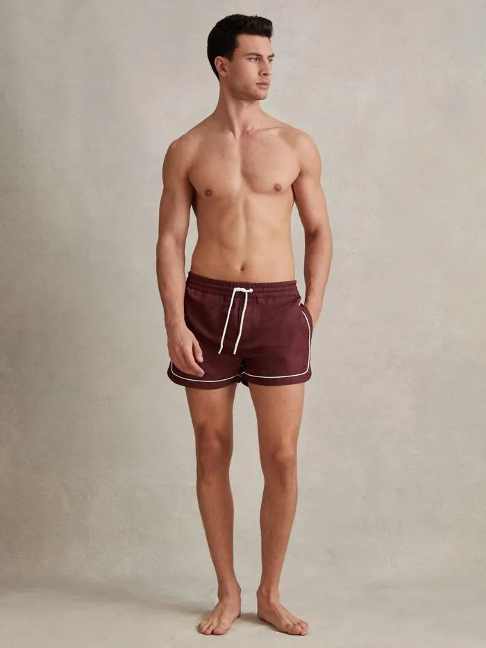 Men Reiss Swimwear Azure Piped Drawstring Swim Shorts Brick Red