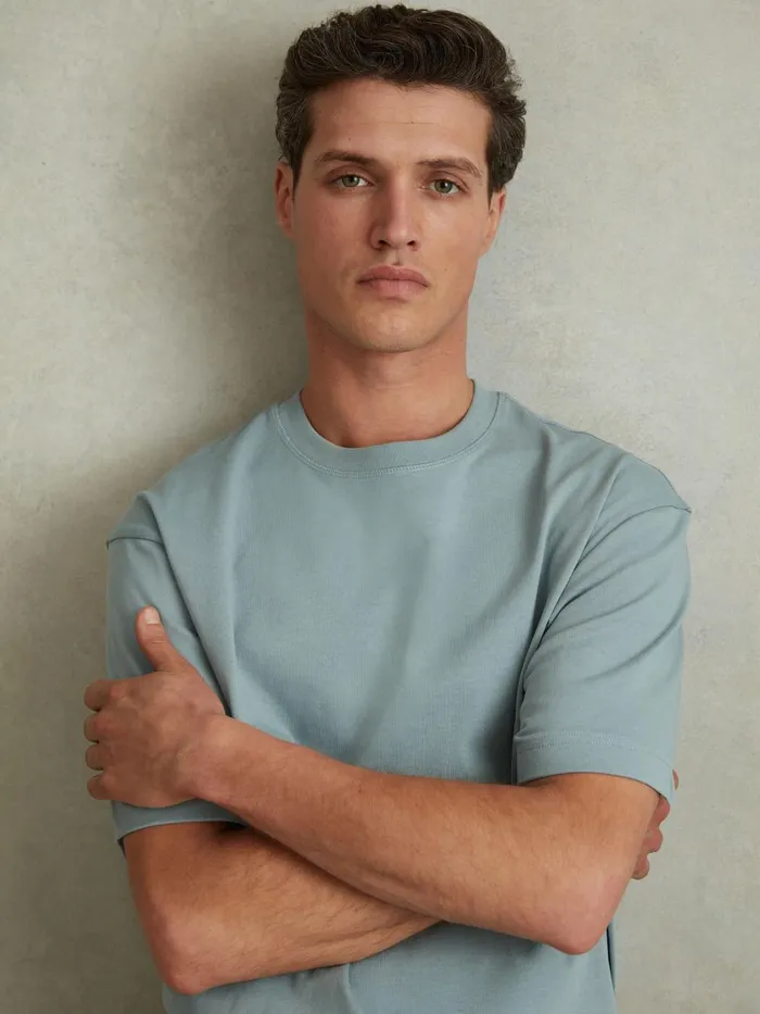 Men Reiss TShirts Tate Oversized Garment Dye TShirt Faded Denim