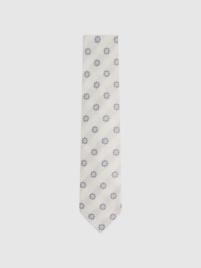 Men Reiss Ties and Pocket Squares Monreale Linen Silk Medallion Print Tie Ivory Men Reiss Ties and Pocket Squares Monreale Linen Silk Medallion Print Tie Ivory