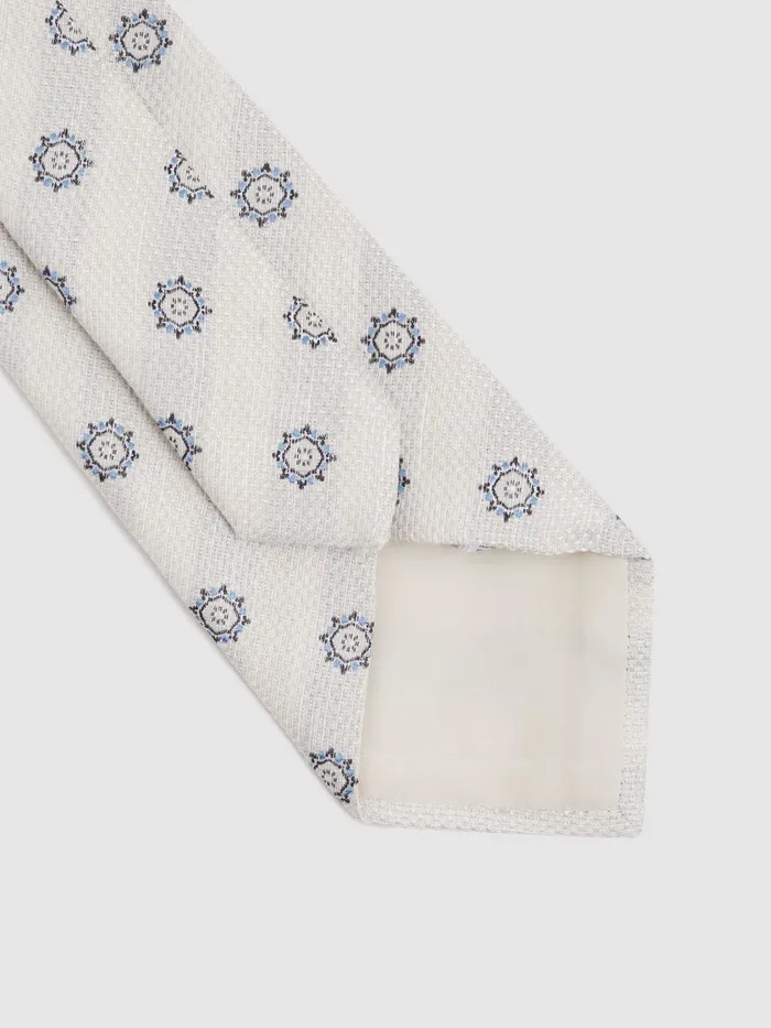 Men Reiss Ties and Pocket Squares Monreale Linen Silk Medallion Print Tie Ivory