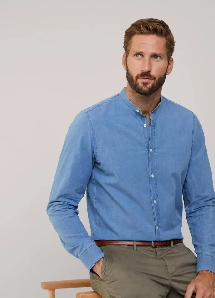Men Shirts Faonnable Regular Fit Denim Shirt With Mandarin Collar Medium Stone Wash Men Shirts Faonnable Regular Fit Denim Shirt With Mandarin Collar Medium Stone Wash