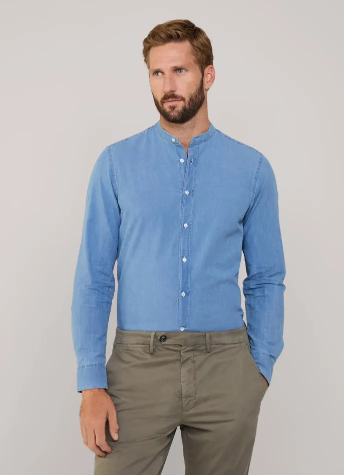 Men Shirts Faonnable Regular Fit Denim Shirt With Mandarin Collar Medium Stone Wash