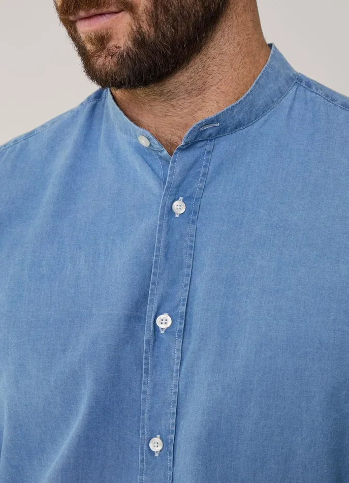 Men Shirts Faonnable Regular Fit Denim Shirt With Mandarin Collar Medium Stone Wash