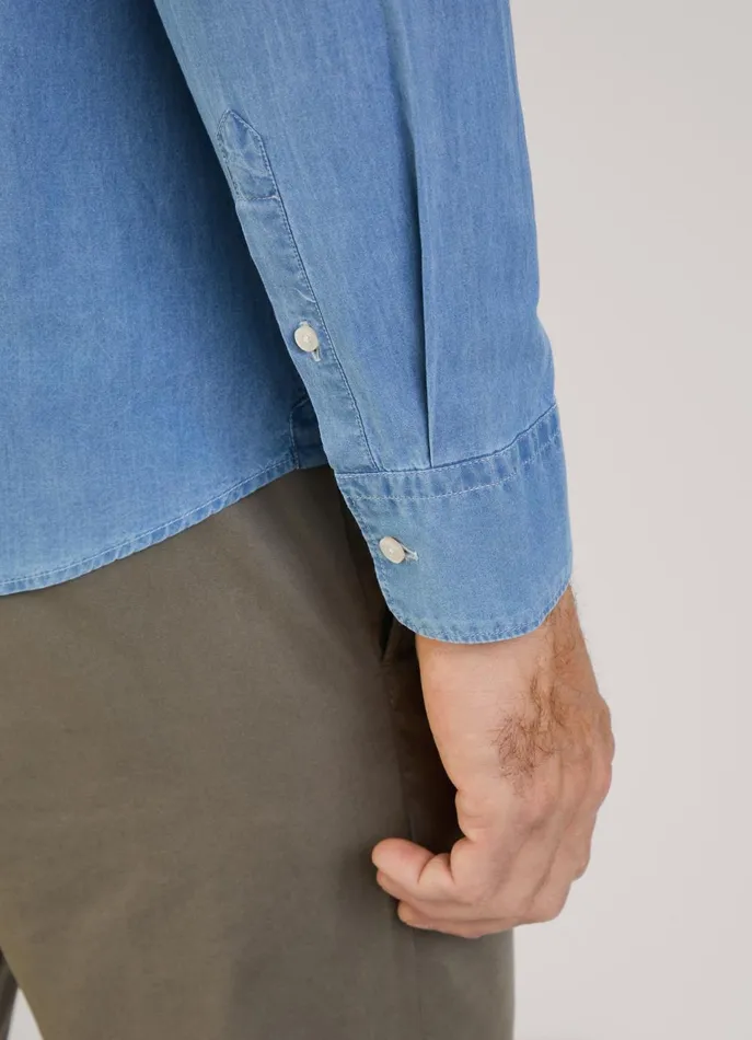 Men Shirts Faonnable Regular Fit Denim Shirt With Mandarin Collar Medium Stone Wash