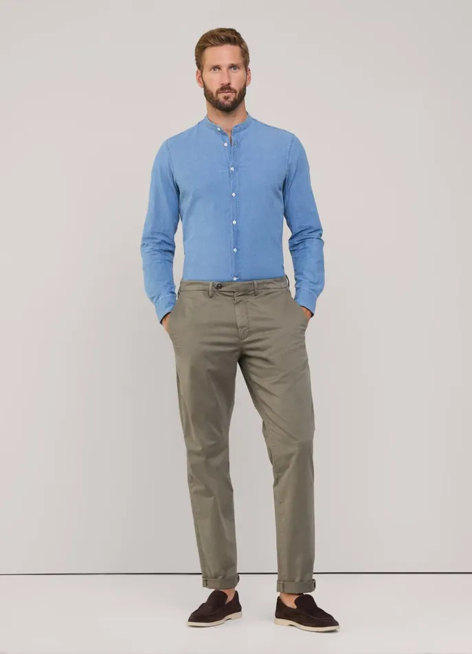 Men Shirts Faonnable Regular Fit Denim Shirt With Mandarin Collar Medium Stone Wash
