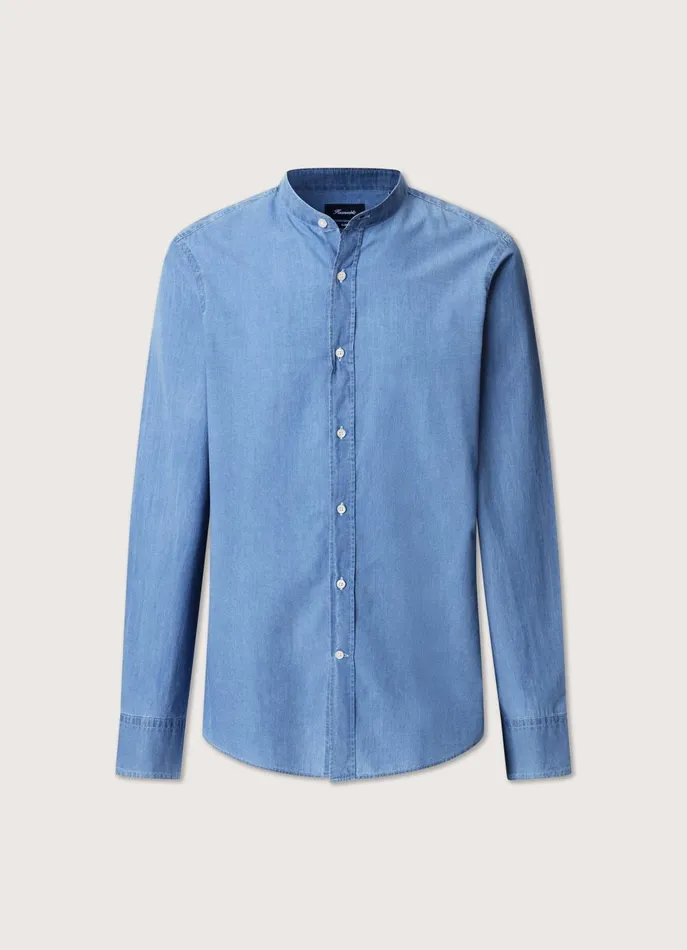Men Shirts Faonnable Regular Fit Denim Shirt With Mandarin Collar Medium Stone Wash