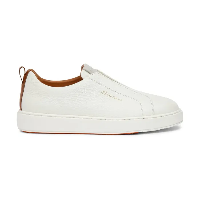 Men White Tumbled Leather SlipOn Sneaker Santoni Sneakers