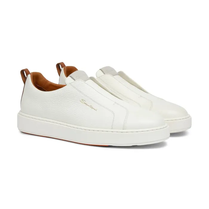 Men White Tumbled Leather SlipOn Sneaker Santoni Sneakers