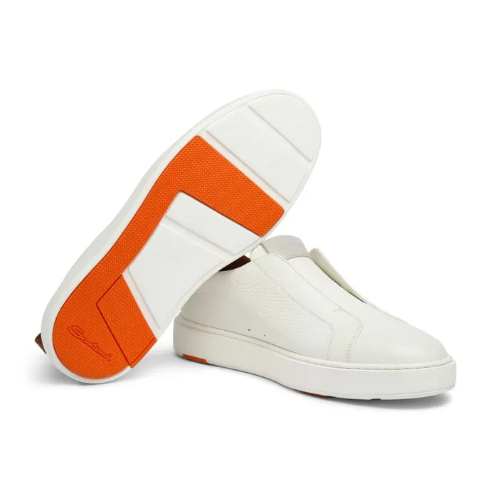 Men White Tumbled Leather SlipOn Sneaker Santoni Sneakers