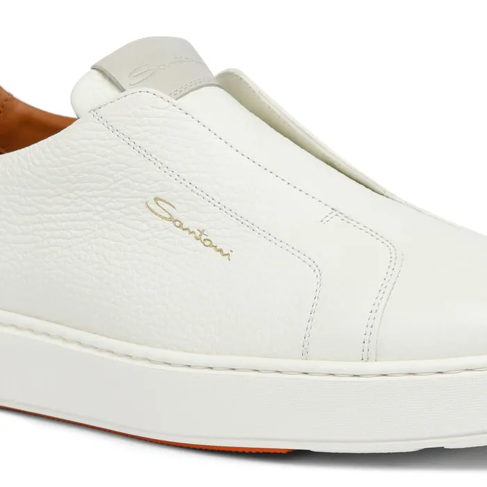 Men White Tumbled Leather SlipOn Sneaker Santoni Sneakers